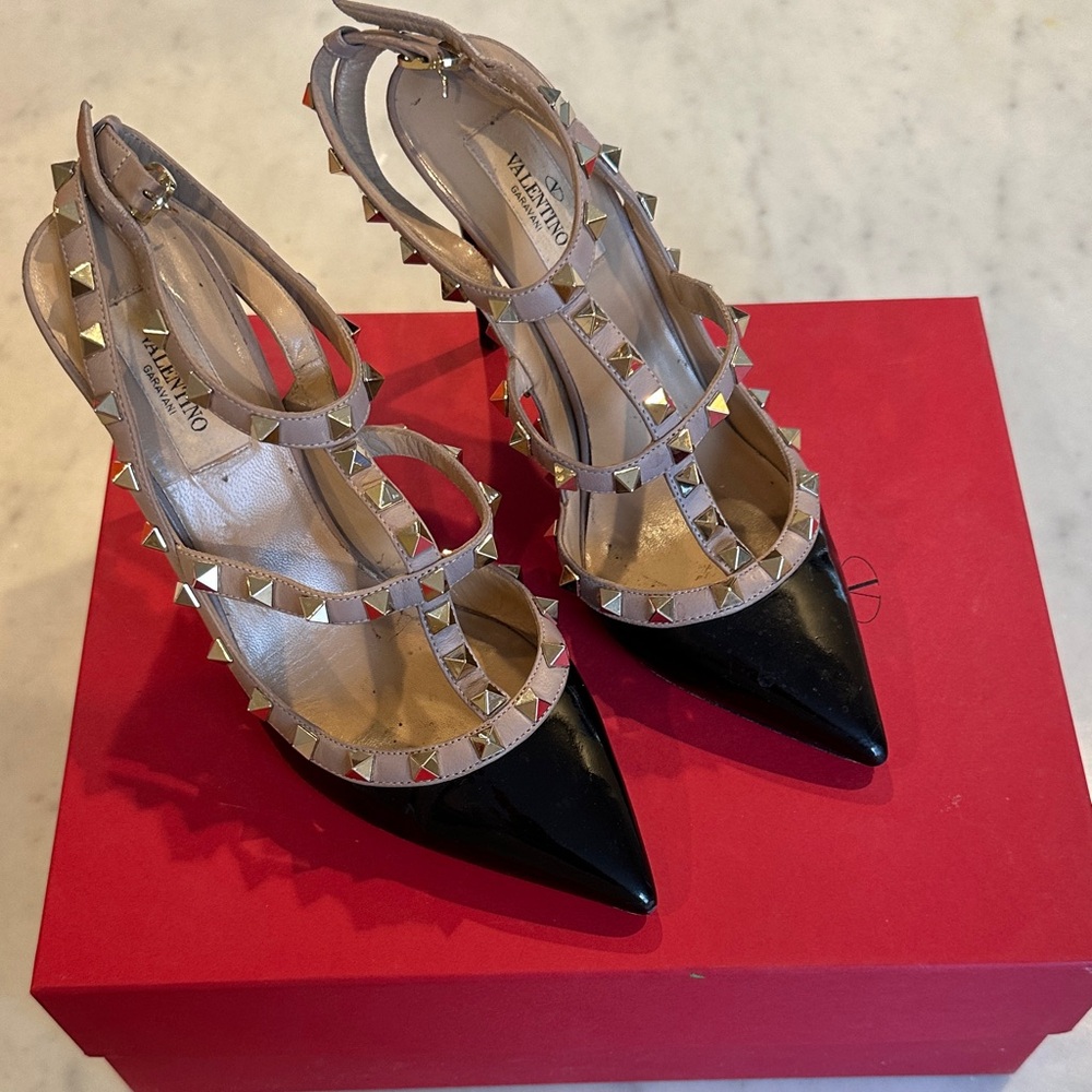 Valentino Black and Cream Studded Heels